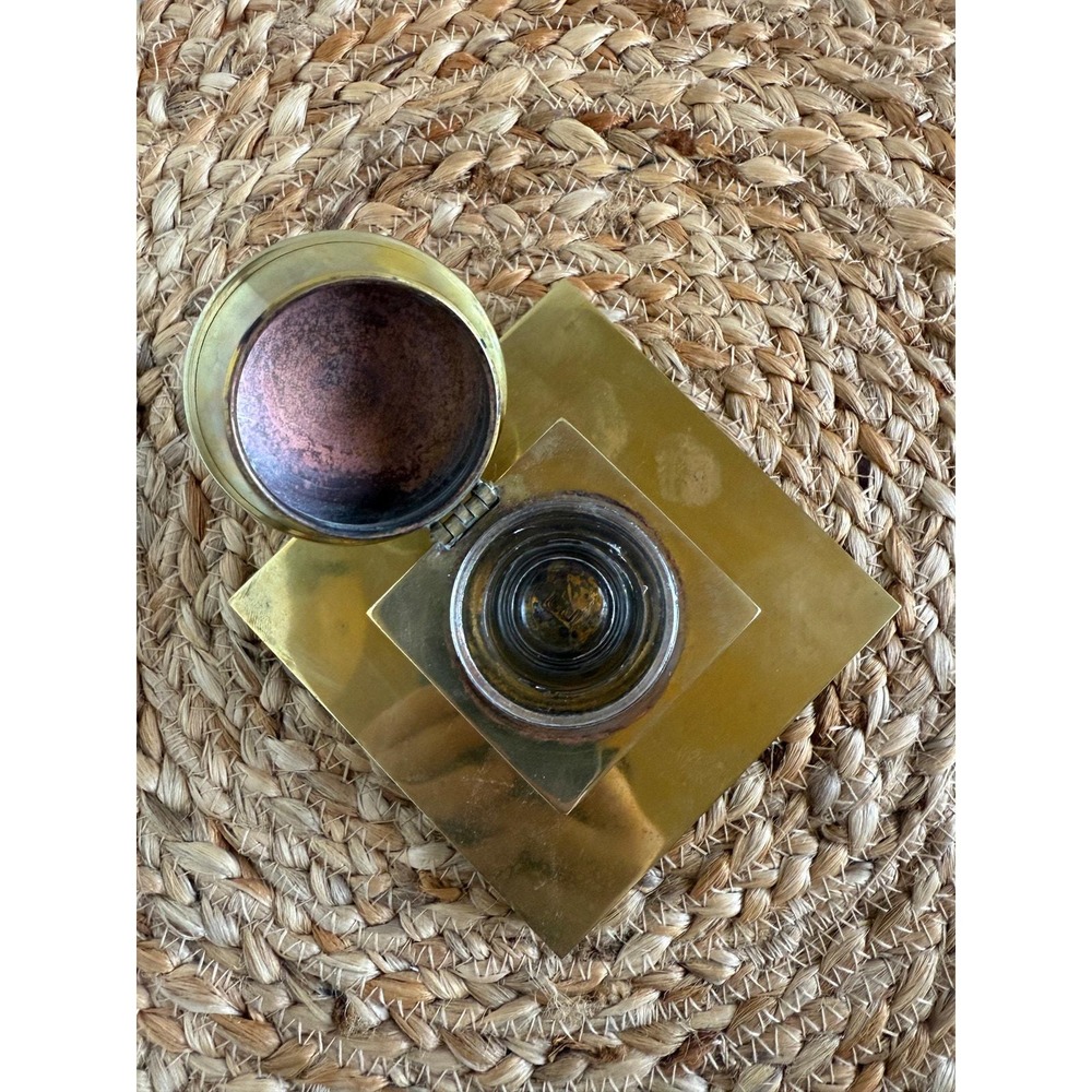 Antique Art Deco brass inkwell with glass insert, 4.5", HEAVY - Picture 4 of 7